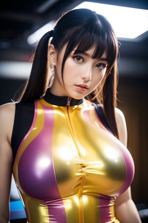 32k sexy female models , Huge breasts,  eyes, twintails nlack hair  High resolution , Upper body, No background, Studio Lightning , Wearing Multicolor pleated (3 color vivid shiny leotard ninja in bright tones　shiny grossy latex metalic) (1 woman)

 Colossal breasts with elastic characters, 　The skin is young　
