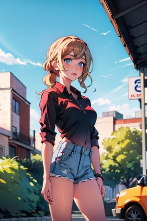 longhair, blue eyes, wearing plain white shirt, denim shorts, city, absurdres, high res, ultrasharp, 8K, masterpiece, looking at viewer,hayasaka ai