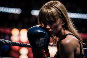 close view ,Boxer girl,hot blonde girl , boxing gloves, warrior, fighting ring, dark and low light, , big breasts, serious face, bloody face, hands in guard,blurry_light_background