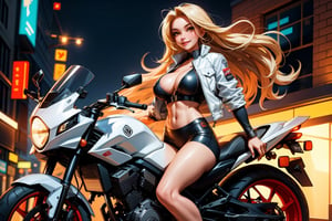 long shot , A very hot girl riding a motorcycle, wearing a hot jacket,  long blond hair,  and her big breasts are visible , Happy face ,Wind wrapped in her hair , hot , sexy , super model , big breast , Tights , fitness body , perefect body , six pack
, highly detailed and intricate high definition rendering, 256k fine art photography, photorealistic, soft light nature photography, award-winning, masterpiece, sharp focus, studio shot, intricate detail, great detail , Attractive and muscular legs ,In the background of the city, night, many neons, light reflection