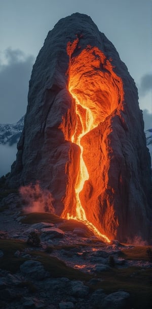 big rock of burning charcoal, volumetric light, full-colour, wander beauty, photo-realistic, 