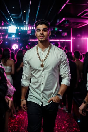 A young man with a luxurious chain and a sparkling watch stands at the edge of a bustling city, gazing towards the West. He confidently walks into a vibrant nightclub, drawing everyone's attention as he moves with purpose, seeking perfection. The atmosphere is electric, filled with excitement and anticipation as he prepares to bring something viral and unforgettable.