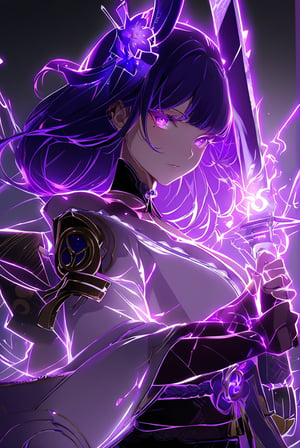 [[[1girl:0.7]]], [[light パープル eyes]], purple thunder, purple color ,Raiden Shogun