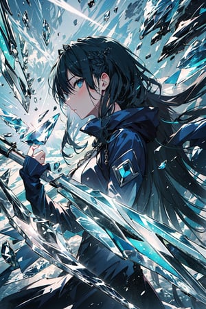 (((long hair:1.4))), beautiful eyes, ice scythe , ice World,	black hair , dark blue shadow screen