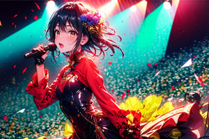 1girl , idol, stand microphone , singer ,dress , blue flower ,	  [(((shiny red))) and other (((yellow eye)))],	 odd eye ,cowboy_shot