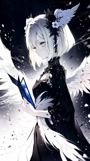 [[[1girl:0.7]]], (fallen angel), angel wing, [[light eyes]],random color, sickness ART, break, Craft an image of a delicate, ethereal anime character with a softer contrast. creating a sense of depth without harshness. Her eyes, drawn with the fragility of pencil strokes, convey a wistful, ephemeral quality, as if they might vanish at a moment's notice. The attire, inspired by gothic fashion, is rendered in lighter tones to maintain the delicate theme, with textures suggested by the lightest touch of the artist's hand, rather than defined by stark lines.,skindentation,AGGA_ST038,mysticlightKA