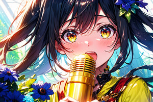 1girl , idol, stand microphone , singer ,dress , blue flower ,	  [(((shiny red))) and other (((yellow eye)))],	 odd eye ,cowboy_shot
,beautiful hand