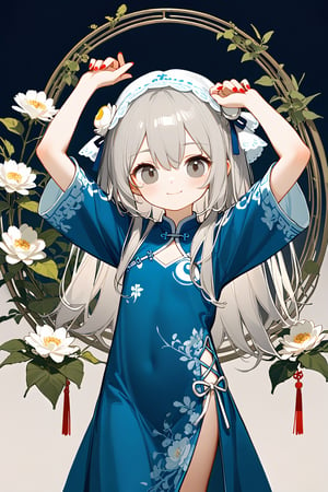 artist:ciloranko,artist:chenbin,artist:tianliang duohe fangdongye,loli,1girl,solo,long_hair,dress,chinese_clothes,crescent,hair_ornament,looking_at_viewer,grey_eyes,smile,hair_ribbon,crescent_hair_ornament,ribbon,blue_dress,closed_mouth,flower,bangs,veil,arms_up,china_dress,white_flower,hair_between_eyes,long_sleeves,jewelry,hands_up,grey_hair,red_nails,nail_polish,blush
Negative prompt: watermark, signature, Artist name, lowres, bad