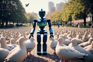 a stunning analog photograph of a (high-tech humanoid robot) feeding a flock of doves in a beautiful city park in the late afternoon