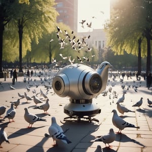 a stunning analog photograph of a high-tech android robot feeding a flock of doves in a beautiful city park in the late afternoon