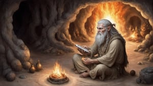 A druid sitting on the floor of a cave next to a fire trying to restore his internet connection