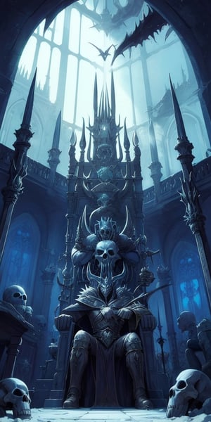 fantasy setting, midevil age,in dark lord's castle, sitting on throne, pile of skulls, full room view