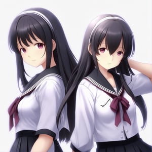 (masterpiece, best quality:1.2), 2girl, solo, homura, white background, simple background, school uniform, extremely detailed
