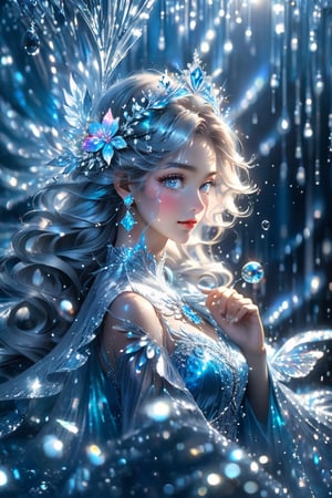 fahion shoot, cinematic pose, 8K Ultra HD, portrait highly detailed, (Close up view):1.5, (view from above):1.5, behold a captivating and ethereal spirit of a 20-year-old beautiful ice queen, half body, fashion shoot, radiant and luminous eyes, a hand on her face, ice droplets, gracefully adorned with the essence of blooming winter flowers, Her long flowing hair like silken threads of sunlight cascades gracefully down her back, interwoven with delicate floral accents that mirror the surrounding blooms. radiant and luminous eyes, sparkle with a hint of magic and mystery, 
Her white panties is a delicate and masterpiece, 
wearing a crystal hair accesories, crafted from petals and leaves, each piece carefully chosen to complement her ethereal beauty, In her hand, she holds a delicate bouquet of the most exquisite flowers, their vibrant colors mirroring her own radiant aura, Highest quality, cinematic movement, dynamic pose ,SDXL,
10.0, anime style, A passionate Ice Queen (similar to Elodie Guipaud and Celina Ralph) on a branch of an ice tree,  ice droplets,
Art by Kinuko Y. Craft and Josephine Wall,  Stephanie Law,  Linda Ravenscroft, Fairytale-like atmosphere. Soft,  tender. Bokeh. In the style of Josephine Wall and Takashi Murakami and Boris Vallejo,  style of Greg Rutkowski,niji style, blue gradient palette, frozen drops hanging like chandelier,ColorART