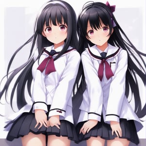 (masterpiece, best quality:1.2), 2girl, solo, homura, white background, simple background, school uniform, extremely detailed
