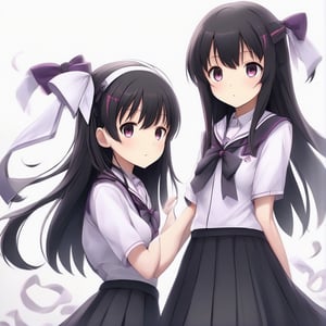(masterpiece, best quality:1.2), 2girl, solo, homura, white background, simple background, school uniform, extremely detailed
