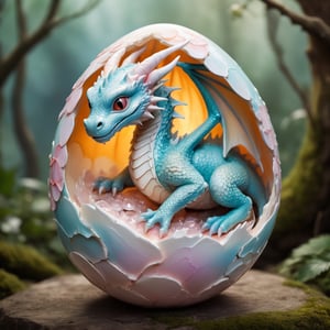 Imagine the heartwarming birth of a dragon in a mystical realm. From a colossal egg, delicate cracks reveal glimpses of soft, radiant light as the shell gently breaks. With tender grace, a newborn dragon emerges, its miniature form endearing and enchanting. Picture this tender moment with soft hues, gentle details, and an irresistible charm that captures the innocence and enchantment of a new life entering the world