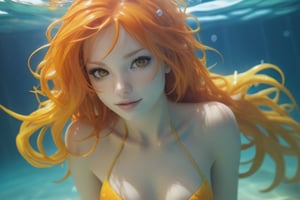  bikini, under water, messy hair, orange hair, yellow eyes,madure mermaid, clear water, beautiful skin, blue tones