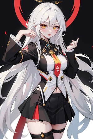 (masterpiece, best quality, highres:1.3), ultra resolution image, (solo), (1girl), long white hair, forehead, long hair syle, yellow eyes, Kiana Kaslana Void Drifter, on field, (skirt:1.3, black skirt), school uniform, medium breast, large hips, mature girl, kawai v pose, victory, :3, face close to viewer, fall in love to viewer, Honkai Impact 3rd, perfect face, perfect skin, perfect body
