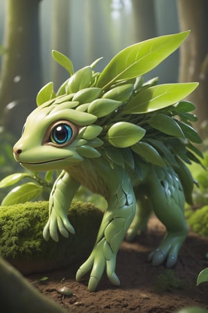 a hybrid between an animal and a plant. This creature is called a "Florent. It has a body composed of soft leaves and branches that cover a thin layer of skin on top of its body. The Florent has four long paws covered with green leaves that allow it to move quickly on the ground. At the ends of his paws are sharp claws that help him grasp his prey. Florent has a large head that resembles a flower. Inside his head are two large eyes that allow him to see in the dark thanks to his ability to glow. He also has a sharp nose, which helps him detect prey and identify his surroundings. The florent cannot move quickly over long distances, but it can use its leaves to float in the wind. He can also use his roots to root in the ground and absorb nutrients. 8k ultra realistic