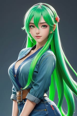 (neon long green hair), curvy beauty in Ghibli-esque anime style. Blends masterpieces, euphoricred style, (beautiful skin), (perfect body), dynamic pose, wearing a tunic and a short blue jean