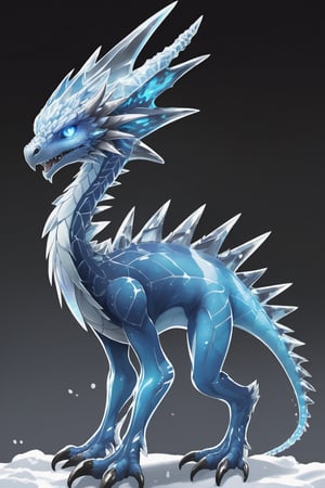 a hybrid between an animal and a cristal. This creature is called a "Ice. It has a body composed of hard rocks and spikes that cover a thin layer of skin on top of its body. The Ice has four long paws covered with blue spikes that allow it to move quickly on the ground. At the ends of his paws are sharp claws that help him grasp his prey. Ice has a head that resembles a dragon head. Inside his head are two large eyes that allow him to see in the dark thanks to his ability to glow. He also has a sharp nose, which helps him detect prey and identify his surroundings. The florent cannot move quickly over long distances, but it can use its spikes to rool in the ground. He can also use his spikes to destroy the ground and absorb nutrients. 8k ultra realistic