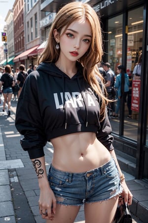 photorealistic, high resolution, 1women, mature female, solo, beautiful body, jewelry, tattoo, street wear, black short hoodie, shorts, make up, red lips, girl, blondie hair, long hair