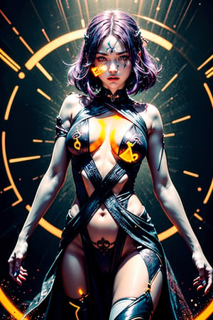 Photo of 20 years old purple haired petite witch girl standing in vortex of glowing glyphs, powerful pose with glowing glyphs flying around her surrounding her body and hiding intimate bodyparts, ((glyphs on nipples, glyphs on crotch, glyphs in front of girl, glyph vortex around girl)), powerful pose, ((sfw)), glowing hands, fantasy, magic, magical, sorceress, hidden_genitals, covered breasts, censored with glyphs, wearing magic gown, ((perfect_face)), angry face, clean face, no artifacts on face, mean look, intricate, complex_background, 