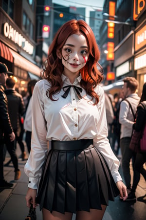 halloween_2024,halloween, happy, city, 1girl, A beautiful young woman with wavy red hair and soft and delicate skin wearing a white blouse, a short pleated skirt