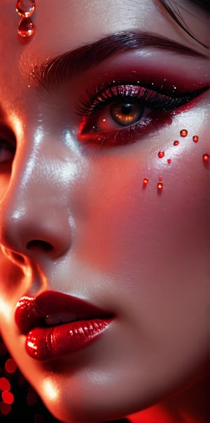 
(digital art, ultra-realistic, high detail, high resolution, photorealistic) close-up of a woman's face with eyes closed, illuminated by a deep red light. The background is a black-glittered texture, enhancing the sparkle and reflection of the droplets. The woman's eyelashes and lips are accentuated, with the red light adding a shimmering effect. The overall atmosphere is dark, mysterious, and vibrant, with a focus on the contrast between the red and black elements, giving a surreal and captivating visual experience.