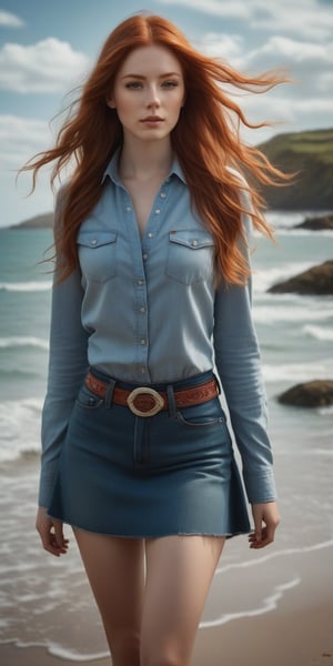 photorealistic,portrait of hubggirl, (ultra realistic,best quality),photorealistic,Extremely Realistic, in depth, cinematic light, 1girl,(long red hair:1.4),outdoors,(front:1.3),(standing:1.3),seaside,cloudy sky,High-low skirt,(cowboy_shot:1.2),navelwavy hair, perfect lighting, vibrant colors, intricate details, high detailed skin, pale skin, intricate background, realism,realistic,raw,analog,portrait,photorealistic, taken by Canon EOS,SIGMA Art Lens 35mm F1.4,ISO 200 Shutter Speed 2000,Vivid picture,