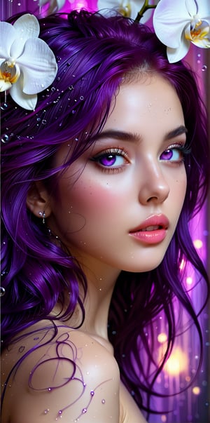 "Misterious beauty" (Misterious mood Soft Lighting art), Aesthetic, young beauty, face close-upportrait, side view, Masterpiece, best quality, 
BREAK
A mesmerizing portrait of a stunning girl with vibrant purple hair and piercing ruby eyes, her full figure radiating confidence as she gazes directly at the viewer from amidst a swirling vortex of inky stars. The air is filled with dynamic movement, as if passion itself has taken physical form, pouring forth like ink rain. In the background, very many beautiful orchids, delicate bubbles of ink suspend, adding an air of whimsy to this masterfully crafted digital artwork, showcasing the artist's exceptional skill and attention to detail.
