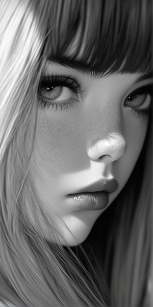 1girl, 20 year old, (((solo, long hair, looking at viewer, bangs, closed mouth, monochrome, greyscale, lips, eyelashes, piercing, portrait, freckles, realistic, nose))))