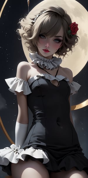 beautiful French girl Pierrot hanging a rose; sitting on a crescent moon, sweet and cinematic expression, dynamic poses, large white ruffle collar, french pierrot makeup and a single black teardrop drawn below the eye, hyperdetailed, mirano fujita style, 4K 64 megapixels 8K resolution HDR, shiny, Epic Masterpiece, sci-fi_futuristic_shroompunk,flat chested,1girl