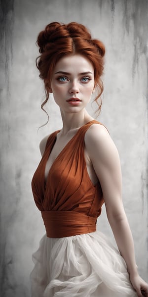 Beautiful elegant pale woman with red auburn hair with long messy bun hair style exquisite and poetic beauty deep red lip and a elegant light orange dress with poetically beautiful style poetic black and white style background with poetic style