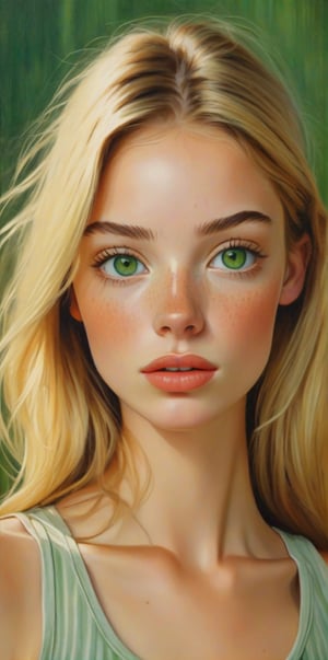 oil portrait of a pretty woman, 4ng3l face, beautiful girl, skinny, tank top, full lips, green eyes, black brows, freckles, blonde hair, straight hair, detailed skin, cinematic, great shading, moody lighting, neutral background, (by Lucian Freud:0.5), style of Jane Newland
