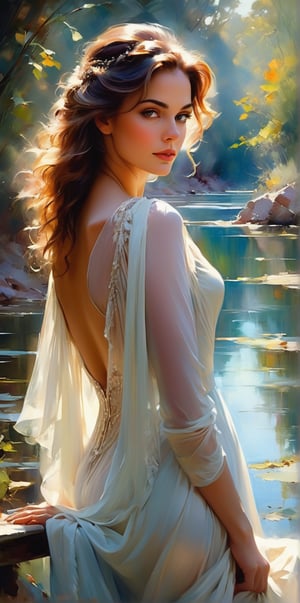 
Digital painting of a woman, channeling Harrison Fisher's romanticism, with expressive portraiture touches of Ben Boschau, enveloped in Michael Garmash's romantic realism, soft tones akin to Danielle F Gerhartz, set in an ethereal ambiance characteristic of Clint Shirley, form fluidity inspired by Karn Griffiths, all framed within an enchanted fantasy realm by Jean Baptiste Monge