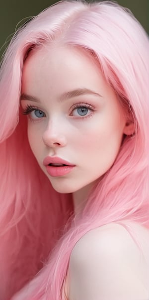 there is a nude woman, smooth pink skin, pale fair skin!!, pink face, glowing pink face, pink girl, pink skin, some pink, amouranth, covered in pink flesh, belle delphine, pink lips, angelawhite, very pale white skin, very very pale white skin, long pointy pink nose