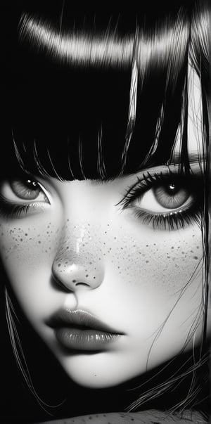 1girl, 20 year old, (((solo, long hair, looking at viewer, bangs, closed mouth, monochrome, greyscale, lips, eyelashes, piercing, portrait, freckles, realistic, nose))))