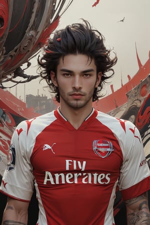 (masterpiece, top quality, best quality, official art, beautiful and aesthetic:1.2), (((1Arsenal men player)), most handsome, extreme detailed,(abstract:1.4, fractal art:1.3), colorful,highest detailed, Arsenal football jersey:1.4, red and white jersey , scenery, ink, stylish men hair, holding_football, lower perspective