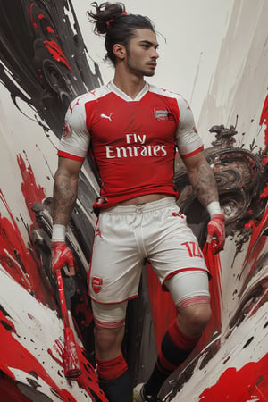 (masterpiece, top quality, best quality, official art, beautiful and aesthetic:1.2), (((1Arsenal men player)), most handsome, extreme detailed,(abstract:1.4, fractal art:1.3), colorful,highest detailed, Arsenal football jersey:1.4, red and white jersey , scenery, ink, stylish men hair, holding_football, lower perspective