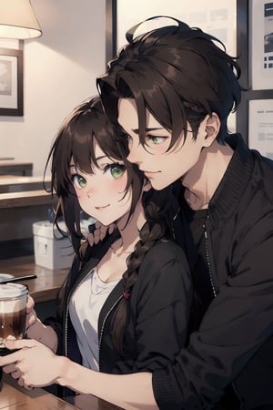 Romantic couple out on coffee date, happy, warm, lovely, sweet, beautiful, Woman (braided black hair, brown eyes), BREAK Handsome muscular Man (Brown hair, green eyes, flat chin)