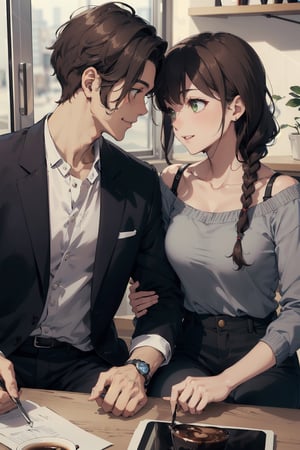 Romantic couple out on coffee date, happy, warm, lovely, sweet, beautiful, Woman (braided black hair, brown eyes), BREAK Handsome Man (Brown hair, green eyes, flat chin)