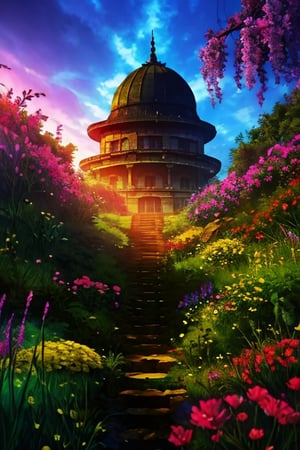 High detailed  , picture of the most beautiful nature city, buildings are made of green beautiful plants, area is surrounded by various flowers, multi colored sky, light rays ,mysticlightKA, full view, at dawn ,ninjascroll