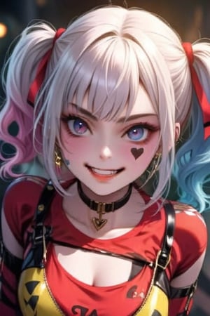 HarleyQuinn1024, masterpiece, ultra-detailed, solo,upper body,big grin ,open mouth,psycho look cute,anime,score_9_up