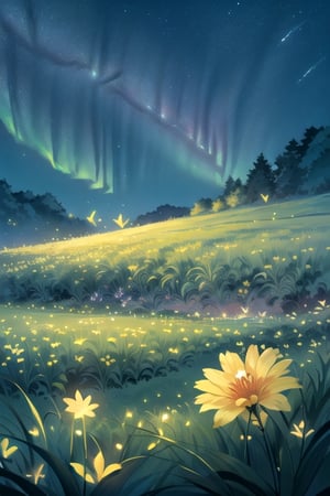 Masterpiece, ultra detail, high quality, 8k,wallpaper, beautiful meadow, various kinds of flowers, with the best star gazing view, beautiful night sky, stars that have a breath taking pattern, shooting stars, aurora, ,firefliesfireflies,night sky