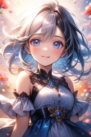 A whimsical and vibrant scene unfolds: A young girl with a striking contrast of black and white hair, adorned with hints of multiple colors, plays joyfully amidst the blooming flowers. Her bright blue eye twinkles as she gazes upwards, while her fiery red eyes ,blue eyes sparkles mischievously below. As she opens her mouth in a wide, carefree smile, the warm light of a sunset sky casts a kaleidoscope of hues above her upper body, where petals and colors mingle in a delightful dance.,beautiful eyes