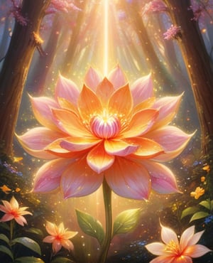 A majestic flower blooms at the heart of the forest, surrounded by lush greenery, as warm golden light pours in from above, illuminating delicate petals that shimmer with iridescent hues. Soft pink and bright yellow tones gradate into fiery orange, forming a mesmerizing celestial display that fills the frame, drawing the viewer's gaze to the flower's radiant beauty.,glitter