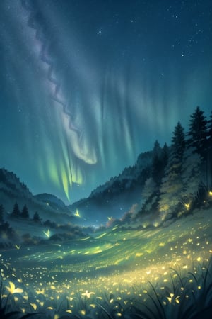 Masterpiece, ultra detail, high quality, 8k,wallpaper, beautiful meadow, various kinds of flowers, with the best star gazing view, beautiful night sky, stars that have a breath taking pattern, shooting stars, aurora, ,firefliesfireflies,night sky