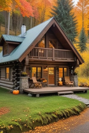 Cozy cabin,in the woods, surrounded by autumn trees, beautiful, aesthetic view, high quality, Masterpiece 